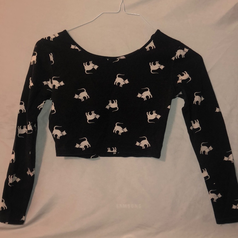 Cat print long sleeve crop shirt